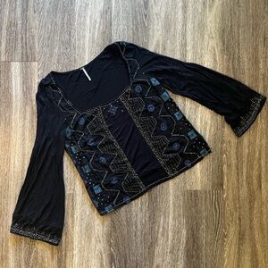 FREE PEOPLE Bell Sleeve Beaded Shirt Black with beads